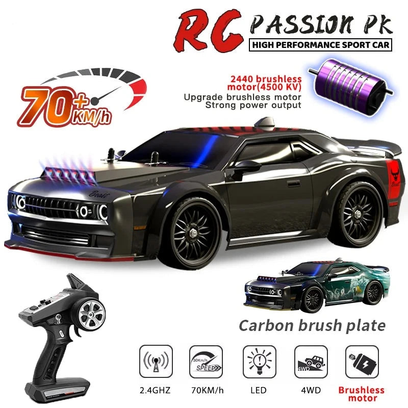 1:16 70km/h Brushless RC Drift Car With LED Lights 4WD Electric High Speed Racing Remote Control Monster Truck for Kids Gift